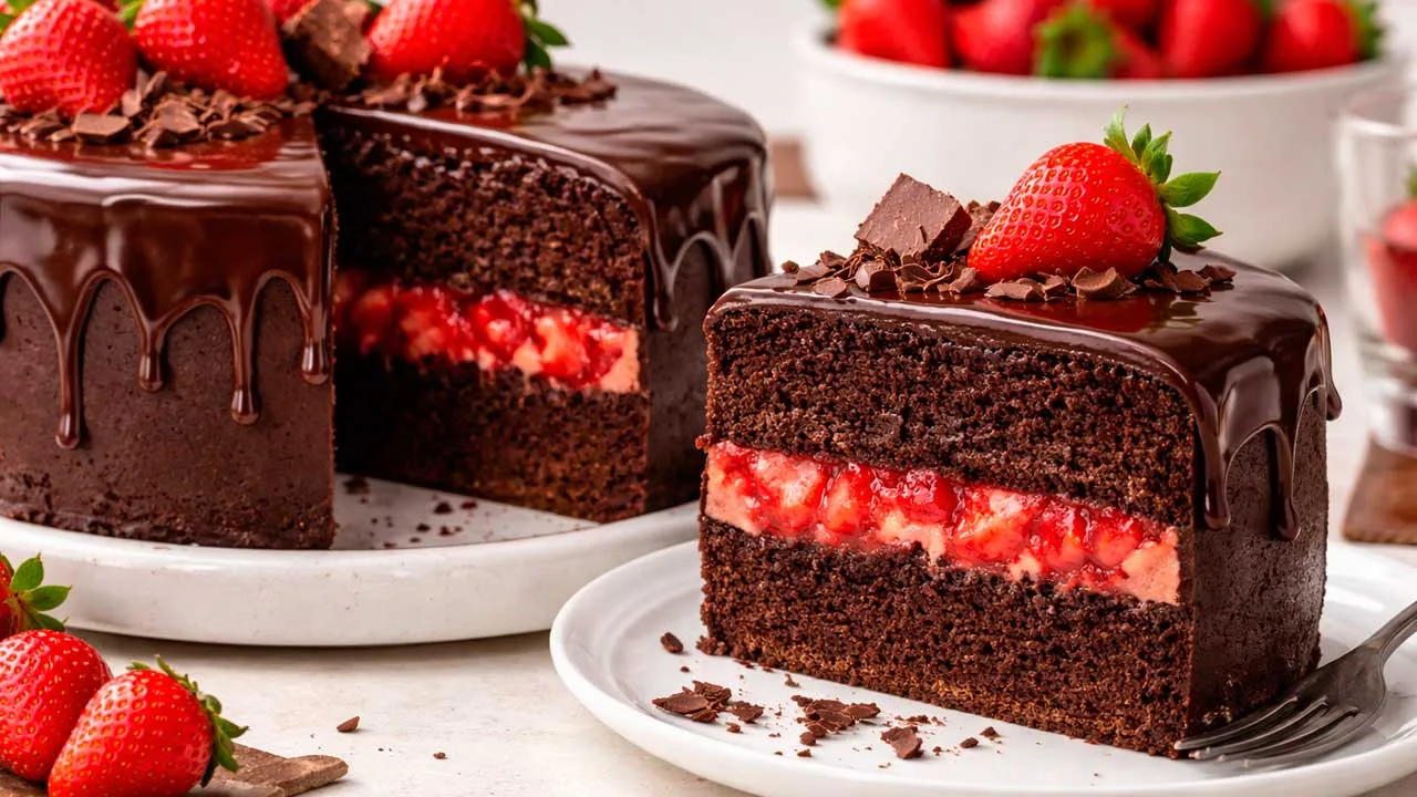 Bolo de Chocolate com recheio de Morango