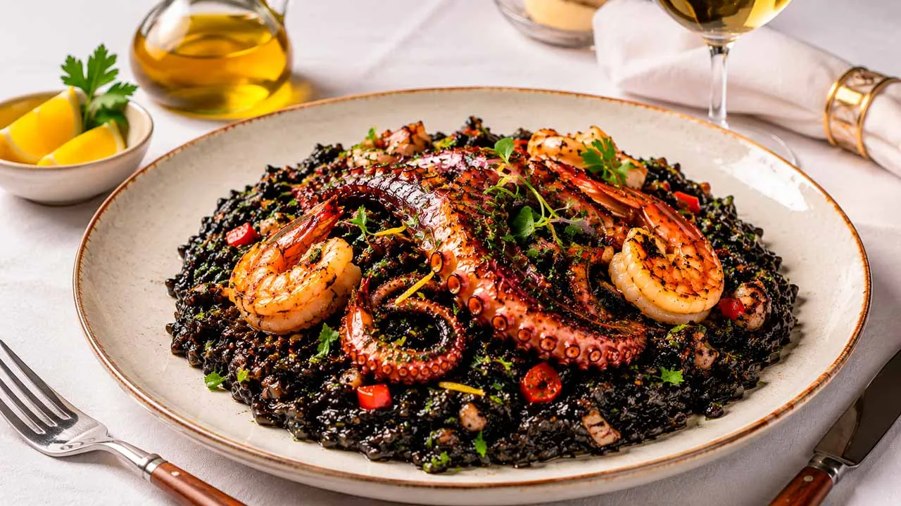 Polvo com Arroz Negro e Camarão