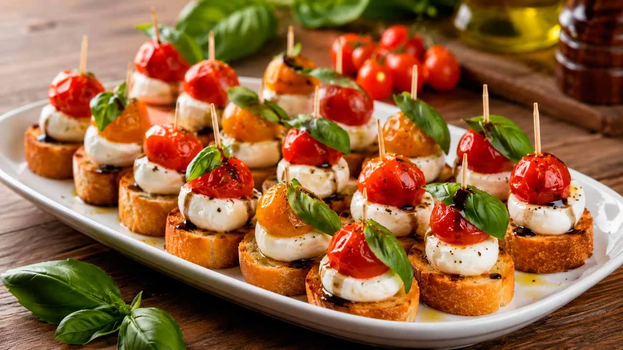 Canapé de Tomate-Cereja e Muçarela de Búfala