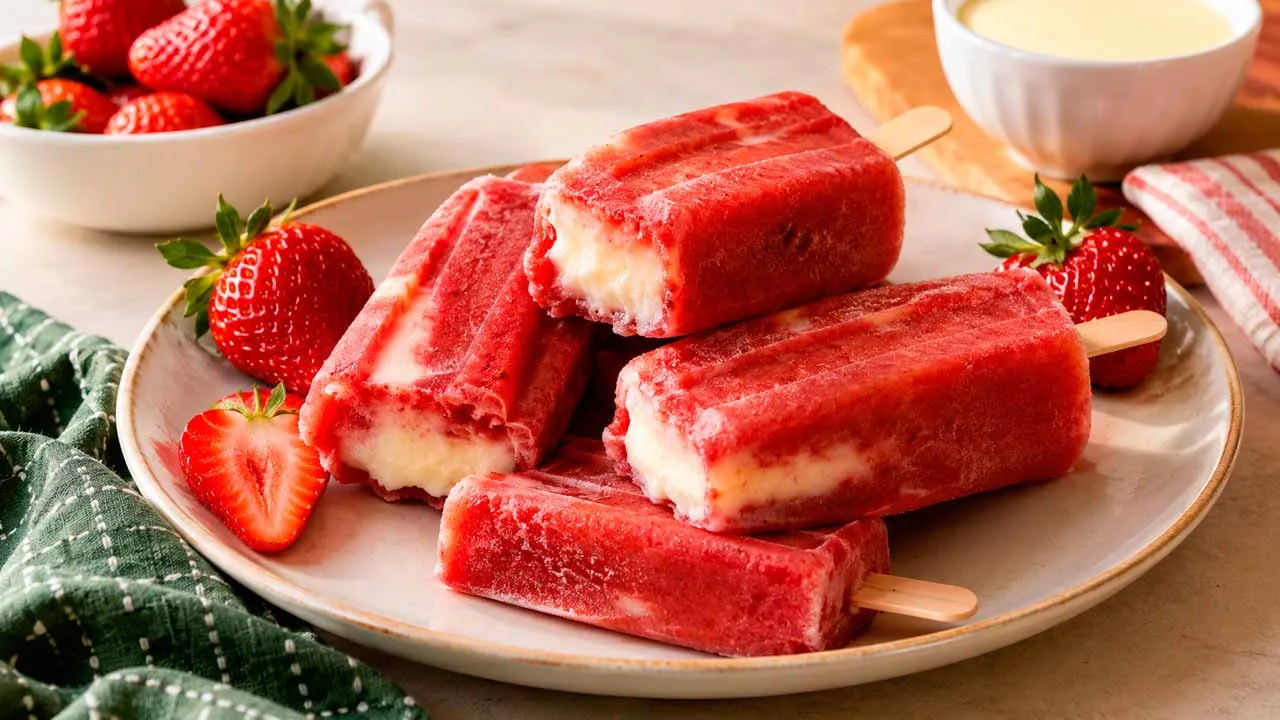 Paletas mexicanas de morango com leite condensado